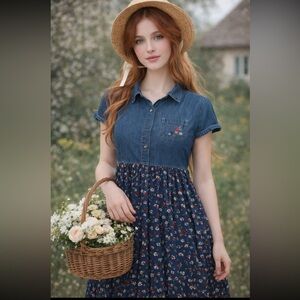 VTG Denim Embroidered Floral Skirt Waist Tie Back Maxi Dress